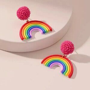 Rainbow Pom Dangle Earrings